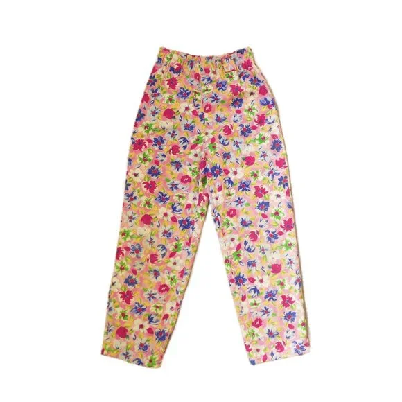 Vintage Pink Floral Pull On Pants Girly Retro Elastic Waist Cotton High Rise - Picture 7 of 8